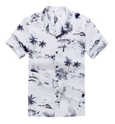 Camisa De Los Hombres Camisa Hawaiana Aloha Blanco Mapa