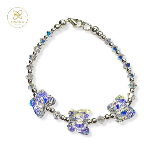 Imagen 1 de 6 de Pulsera Plata Con 3 Mariposas Cristal Swa Aurora Boreal
