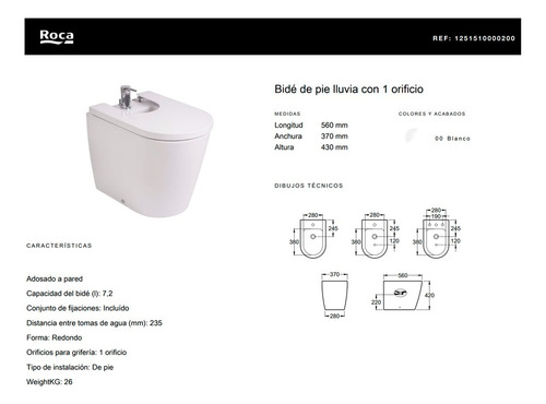Combo Roca Inspira Inodoro Largo + Deposito De Apoyo + Bidet 1 Orificio