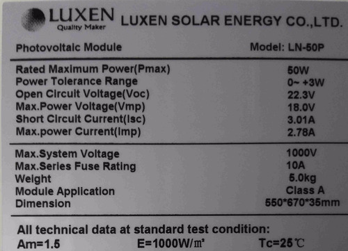 Imagen 2 de 4 de Panel Solar 50w Luxen Carga Baterías
