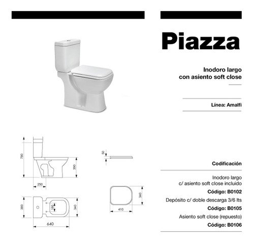 Imagen 7 de 10 de Inodoro Largo Deposito Dual Tapa Suave Piazza Amalfi Premium