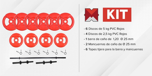 Kit Barra + 2 Mancuernas + 40 Kg En Discos Con Manija Pesas