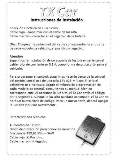 Imagen 6 de 8 de Control Remoto Porton Seg Tx Car Con Guiño Luz Alta Del Auto