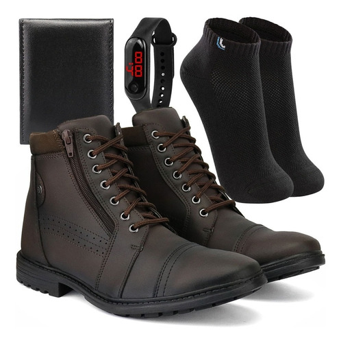 Kit Bota Coturno Casual Masculina + Carteira E Relógio