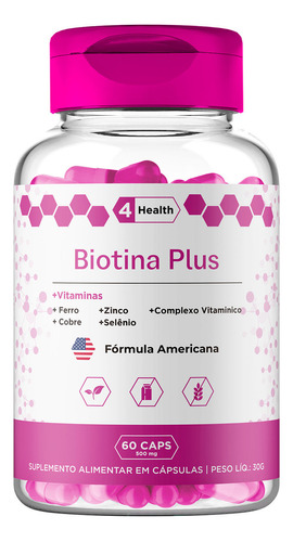 Suplemento Em Cápsula 4 Health  Biotina Plus Biotina Biotina Plus Sabor  N E A Em Pote 60 Un