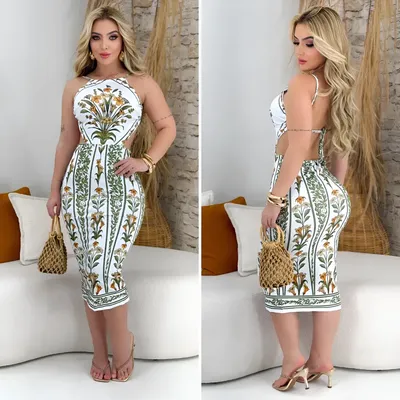 Vestido Feminino Elegante Moderno Casual Branco Com Verde Estampado Único 36-42
