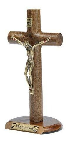 Crucifixo Madeira Cilíndrica Mesa 17cm Ov
