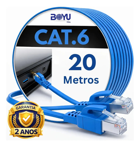 Cabo De Rede Cat6 20 Metros 20m Lan Internet Crimpado Rj45 Azul Boyu Cell