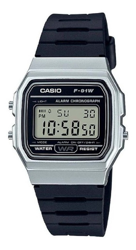 Imagen 1 de 2 de Reloj pulsera Casio Collection F-91 de cuerpo color plateado, digital, fondo gris, con correa de resina color negro, dial negro, minutero/segundero negro, bisel color plateado y hebilla simple