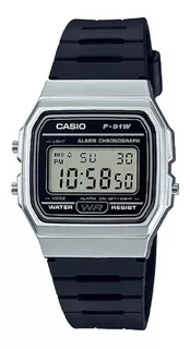Reloj de pulsera Casio Collection F-91 de cuerpo color plateado, digital, fondo gris, con correa de resina color negro, dial negro, minutero/segundero negro, bisel color plateado y hebilla simple