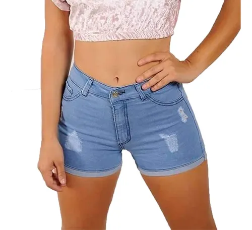 Short Jean Rigido Mujer Bolsillos Tiro Alto Moda Dama