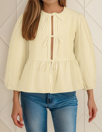 Blusa De Mujer De Manga Larga A Rayas Con Cordón Regular Sh