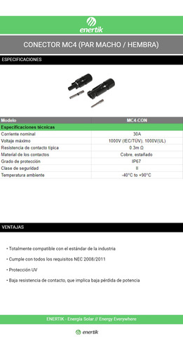 Conector Panel Solar Mc4 Par Macho/hembra - Enertik Cuotas