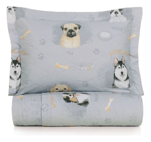 Colcha Infantil Casal com 2 Porta Travesseiros 200 Fios 100% Algodão Dog Karsten