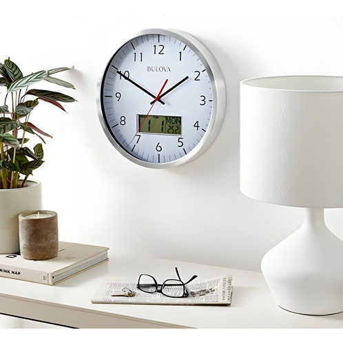 Reloj Pared Digital Bulova Clocks C4810 Blanco Temperatura Estructura Plateado