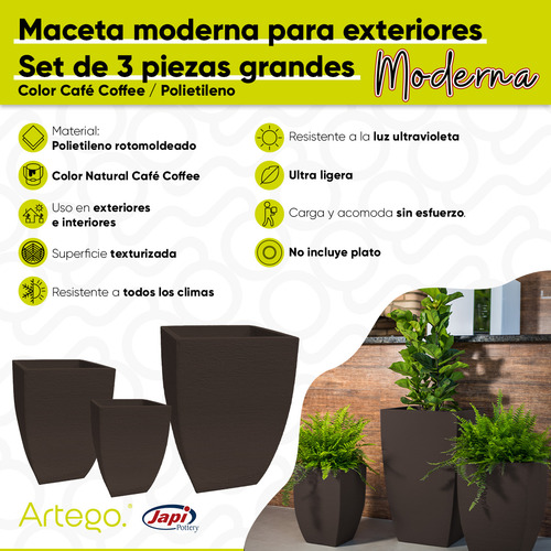 Macetas Set De 3 Piezas 76-54-44cm Moderna Cuadrada Para Exteriores De Polietileno Ultra Ligera Artego Japi