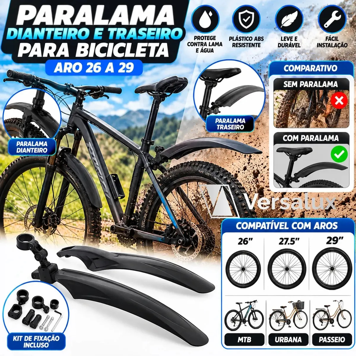 Kit de Para-lamas Dianteiro e Traseiro para Bicicleta Aro 26 a 29 MTB e Urbana – Versalux