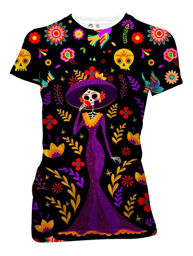 Playera Full Print Calavera Skull Catrina Vestido Morado 140