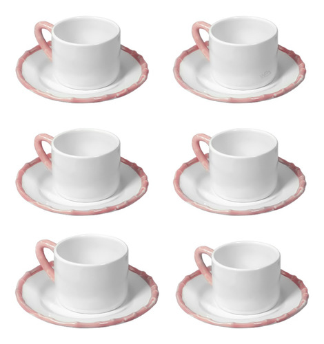 Kit Louça 6 Xícaras E 6 Pires Para Café Cerâmica Bambu Rosa