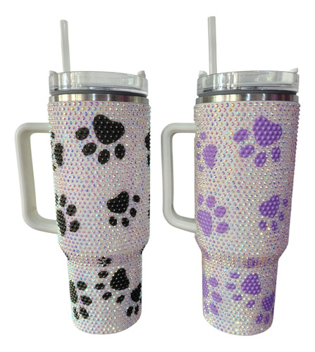 Vaso Térmico Brillo Strass Quencher 1200ml 1.2lts Acero Inox Lila Huellas