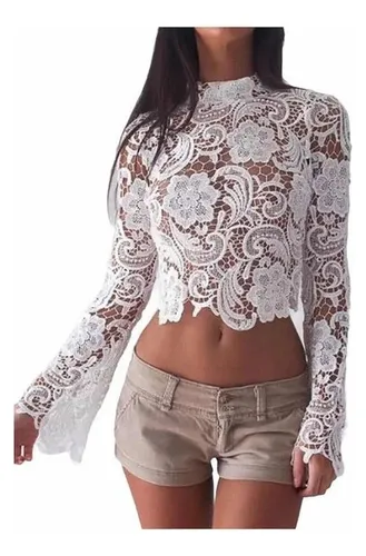 Blusa encaje blanca manga larga hotsell