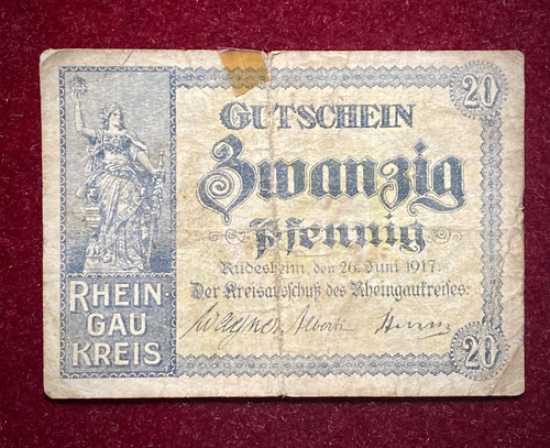 Billete 20 Pfennig Alemania 1917 Notgeld Rheingaukreis (Usado)