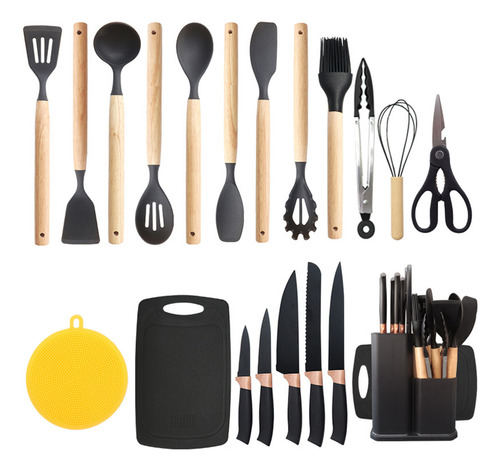 Set De Utensilios De Cocina De Silicona Negro Premium 20 Piezas Completo Ergónico Y Antideslizante Para Todo Tipo De Cocina, Utensilios De Cocina Anticorrosivos Resistentes Al Calor Y Flexibles