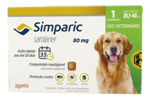 Imagem 1 de 10 de Antipulgas Simparic 80 Mg P/ Cães 20,1 A 40 Kg 1 Comprimido