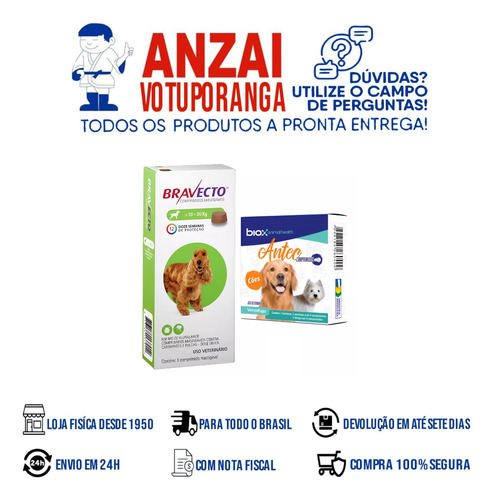 Kit Bravecto 500mg De 10 Até 20kg + Antec Biox 04 Cp