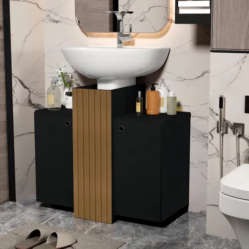 Mueble de baño Demetrio Cabinet, lavabo con columna, 2 puertas, color negro rasgado