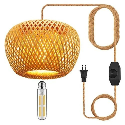 Lámpara Colgant Enchufable Bambú Tejida Mano Regulador 110v