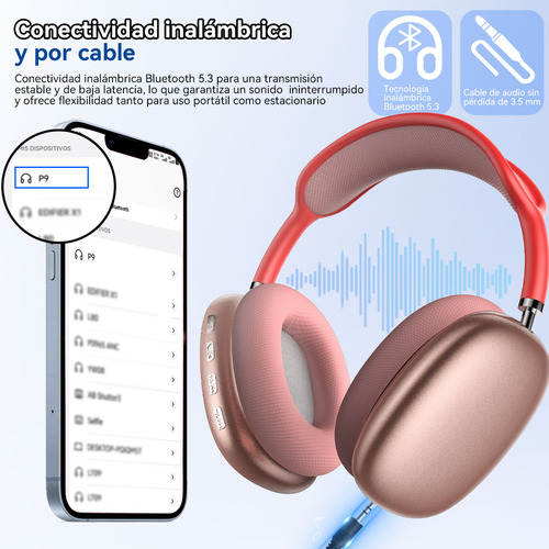 Audífonos Inalámbricos Over-ear Mecdets P9 Pro Max Con Bluetooth Sonido De Bajos Profundos Micrófono Integrado Cancelación De Ruido Rojo