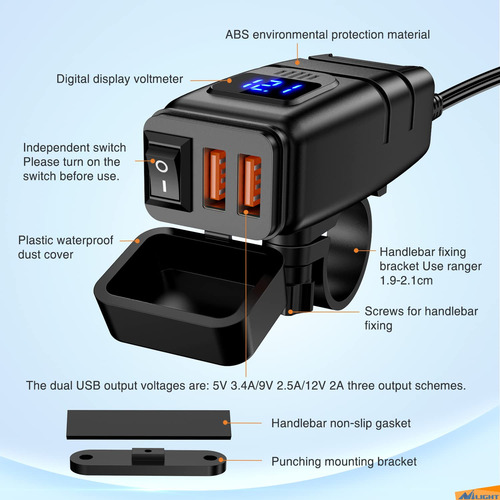 Cargador De Motocicleta Nilight 12 V Con Usb Y Voltímetro