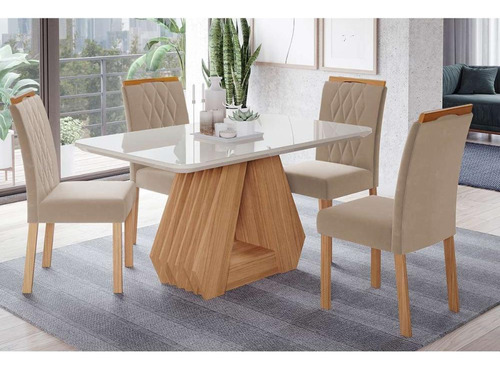 Conjunto: Mesa De Cozinha Ágata Tampo Madeirado C/ Vidro 130