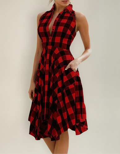 Vestido Feminino Europeu E Xadrez Sem Mangas Com Bainha Irre