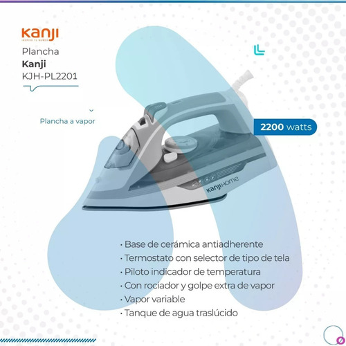 Imagen 2 de 8 de Plancha A Vapor Kanji Base Antiadherente 2200w Kjh-pl2201