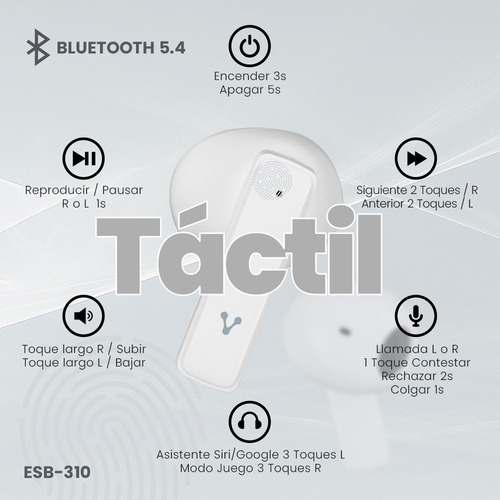 Audífonos Inalámbricos ESB-310 Vorago | Bluetooth 5.4 TWS Sonido Premium Batería 24H USB-C Micrófono Integrado Diseño Compacto Controles Táctiles Ideal para Deporte Compatible con iOS Android PC