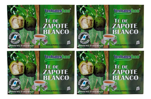 Pack 4 Tés De Zapote Blanco Caja Con 25 Sobres De 1g