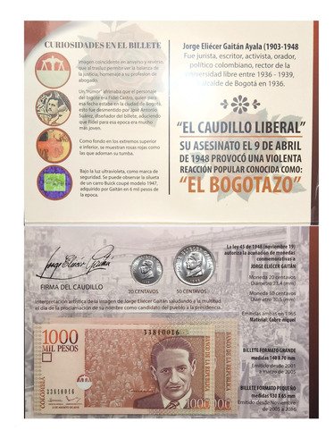 Blister Gaitan 2 Monedas Y 2 Billetes Colombia Unc