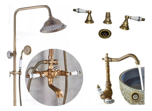 Set Completo Vintage Bronce Griferia Mono + Ducha + Bidet 