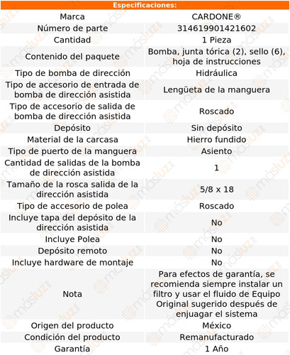 Bomba Dirección Licuadora K20 Pickup 8 Cil 5.7l 61 Reman (Reacondicionado)