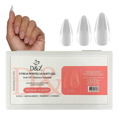 Caixa Unhas Postiça Soft Gel D&z Medium Almond Transparente