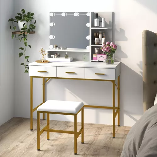 Escritorio de tocador blanco con espejo y luces, 3 modos de iluminación,  tocador moderno con cajones, mesa de tocador de maquillaje para dormitorio