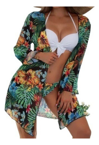 Bikini Set + Printed Kimono Beach Cover-up