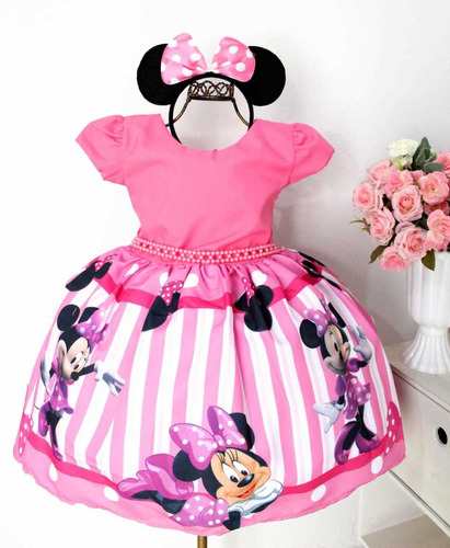 Vestido Tema Minnie Pink Festa Luxo Infantil Com Tiara Luxo