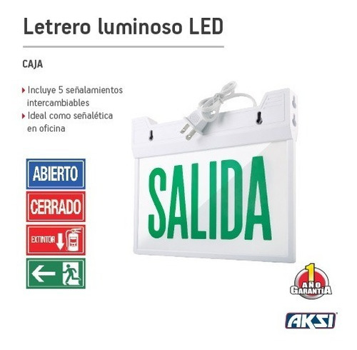 Letrero Led De Salida Intercambiable Luminario 5 En 1 