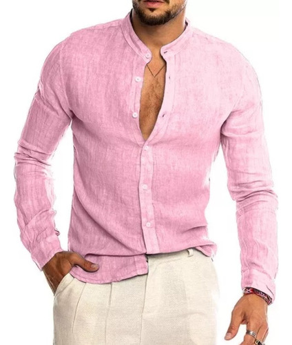 Camisa De Lino Importado Manga Larga Rosa Hombre