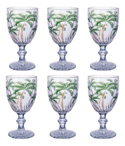 Jogo De 6 Taças Para Água Vinho 300ml Palm Tree Ke Home Cor Transparente com detalhes verde