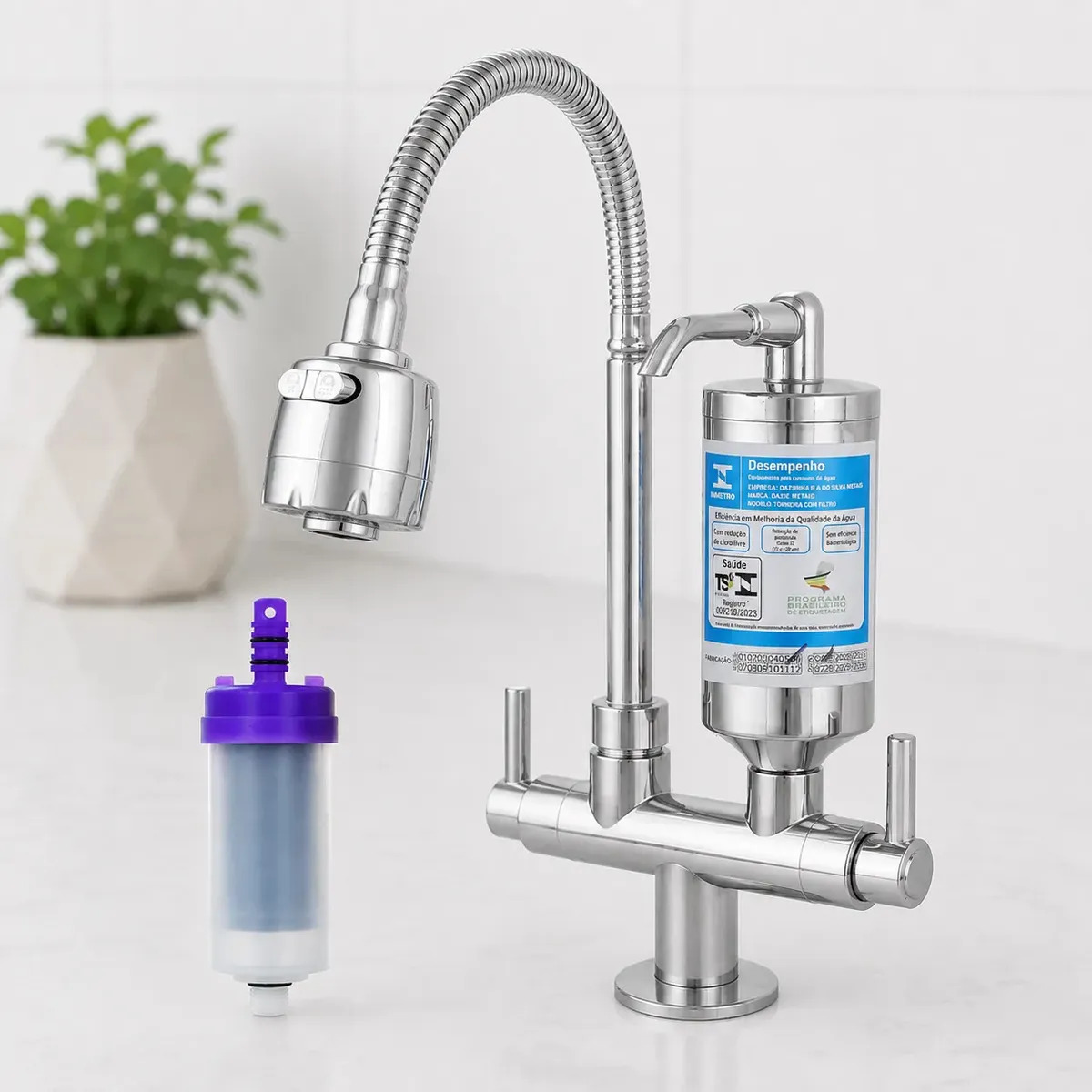 Torneira Gourmet Com Filtro De Água Para Cozinha Bancada Bica Flexível Inox Móvel Carvão Ativado 1/4 De Volta Dois Jatos Cromada