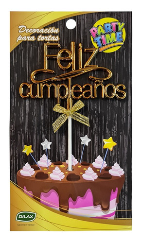 Imagen 1 de 6 de Topper De Torta Adorno Dorado Feliz Cumpleaños